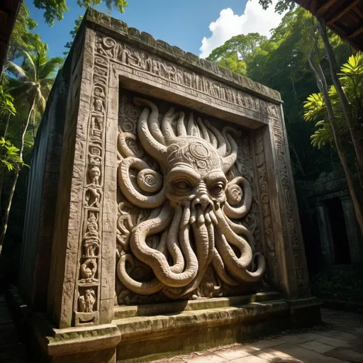 Prompt: in the Belize jungle, a giant ancient intricately detailed bas relief covered outer wall of the temple of cthulhu, overhead lighting shadows, wide angle view, offset infinity vanishing point