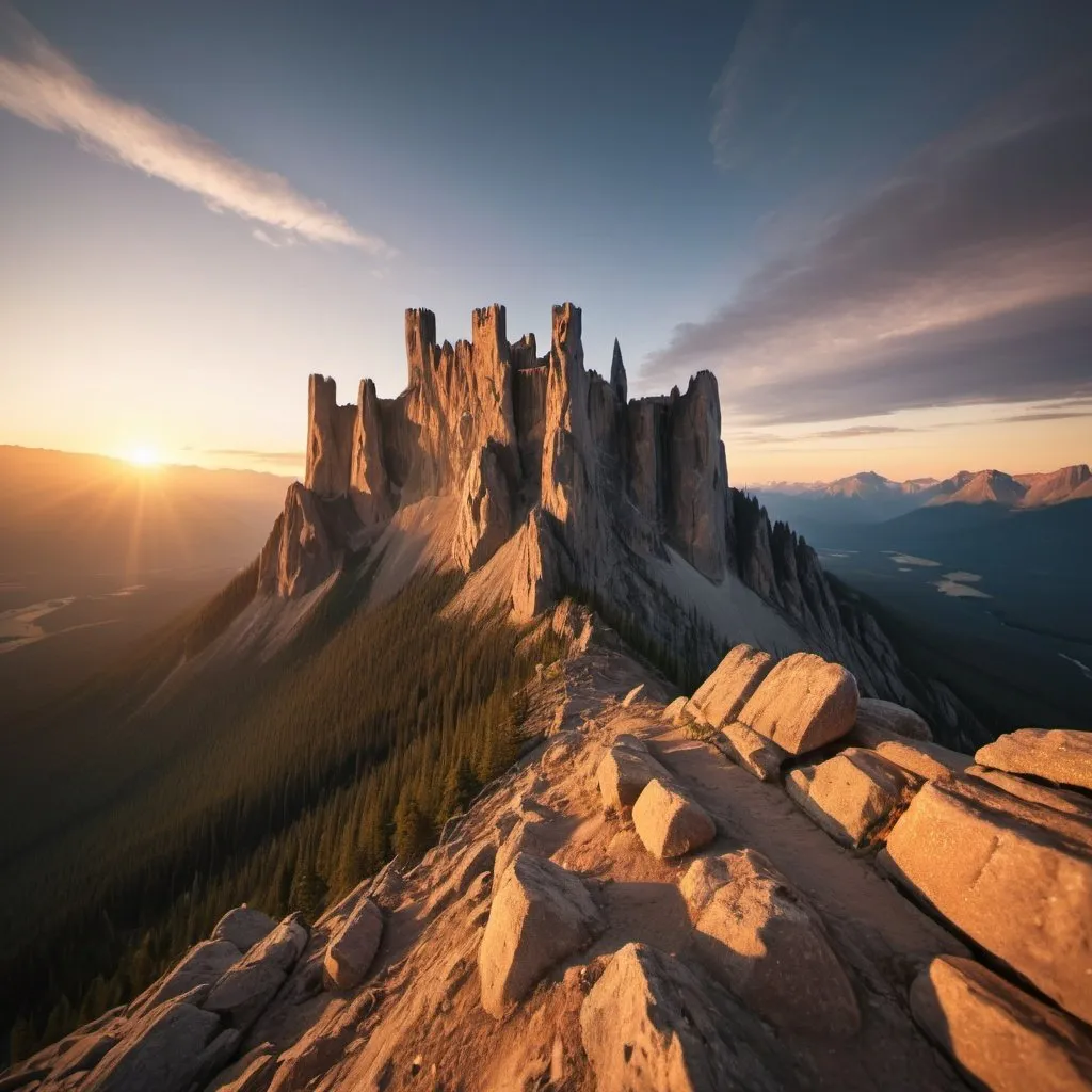 Prompt: giant castle mountain, golden hour overhead lighting, extra wide angle view, infinity vanishing point