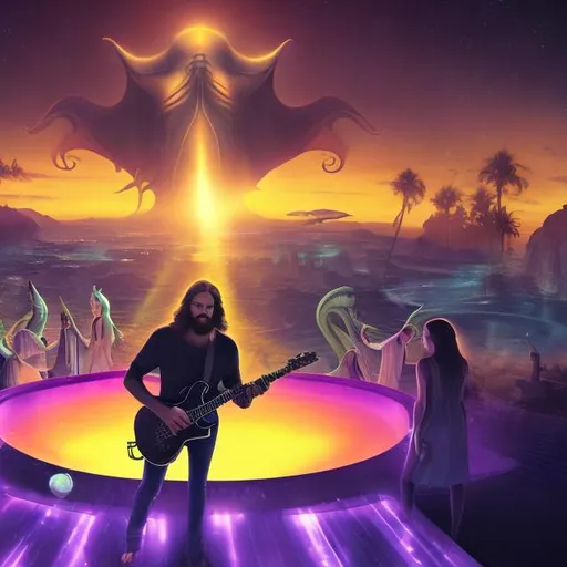 Prompt: wide view of jesus band playing guitars, at an exotic rooftop infinity pool, infinity vanishing point, cthulhu background