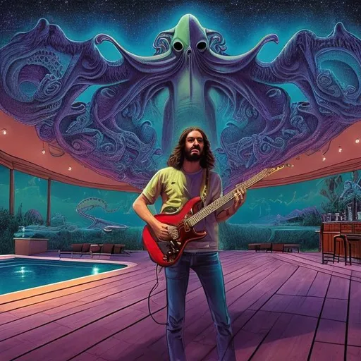 Prompt: wide view, jesus band playing guitars at a poolside patio barbeque grill, infinity vanishing point, Cthulhu nebula background