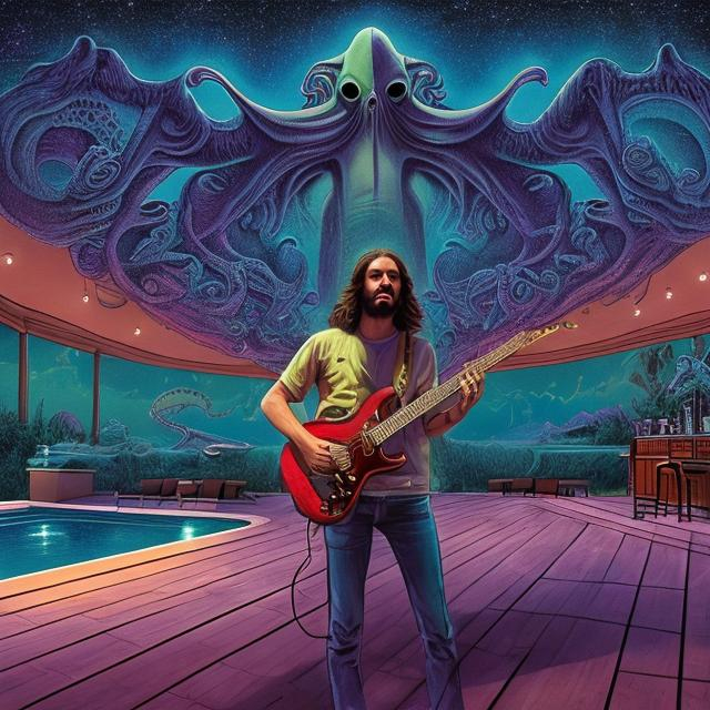 Prompt: wide view, jesus band playing guitars at a poolside patio barbeque grill, infinity vanishing point, Cthulhu nebula background