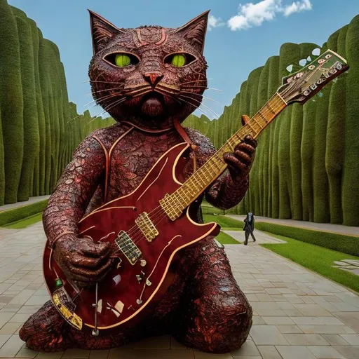 Prompt: ((((giant cat playing guitar) green bronze statue inlaid with rubies) in the style of Jacek Yerka) infinity vanishing point) wide perspective view