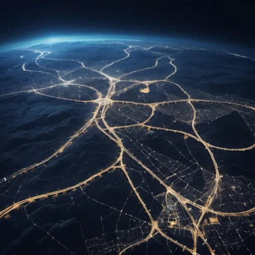 Prompt: superhighway network on a giant cat at night, view from orbit