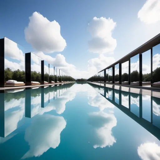 Prompt: infinity pool of mirrors, wide angle view, infinity vanishing point