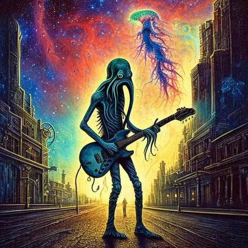 Prompt: anorexic Cthulhu playing guitar on the street corner, infinity vanishing point, Pillars of Creation nebula background