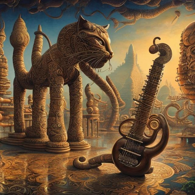 Prompt: panorama widescreen view of a giant bronze cat playing a sitar, infinity vanishing point, in the style of Jacek Yerka