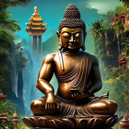 Prompt: widescreen image of an ancient patina bronze bodybuilding buddha playing guitar at an exotic temple, tropical jungle background, galaxy sky, infinity vanishing point