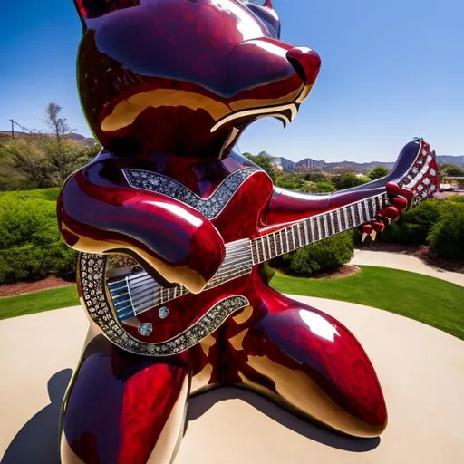 Prompt: ((((giant cat playing guitar) ruby statue inlaid with diamonds) in the style of Miro) wide perspective view) infinity vanishing point