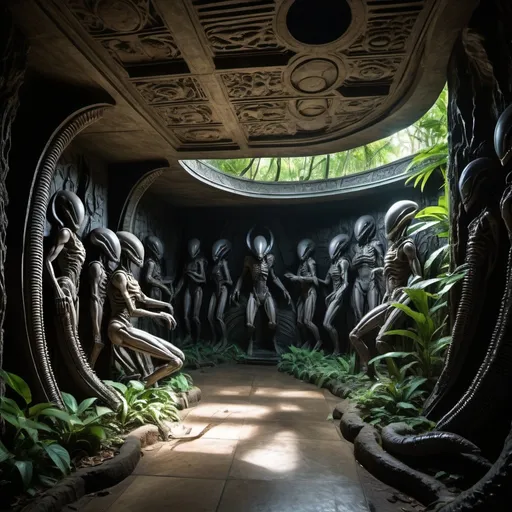 Prompt: in the jungle, an ancient bas relief of 1000 xenomorphs, overhead lighting shadows, wide angle view, infinity vanishing point