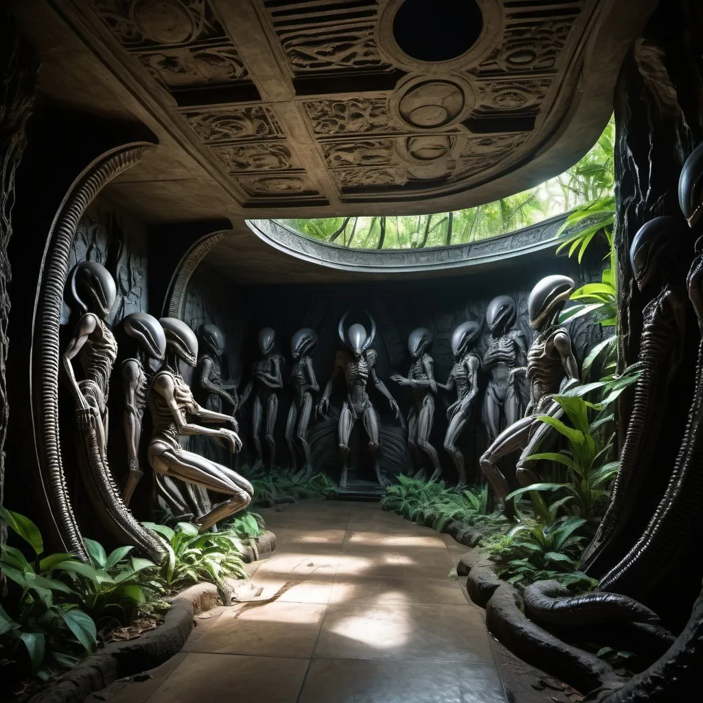 Prompt: in the jungle, an ancient bas relief of 1000 xenomorphs, overhead lighting shadows, wide angle view, infinity vanishing point