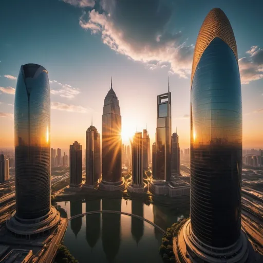 Prompt: strange 1000 meter tall supergiant elegant lush eyeball skyscraper skyline, overhead golden hour lighting, extra wide angle field of view, infinity vanishing point