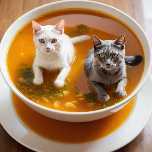 Prompt: cats swimming in soup