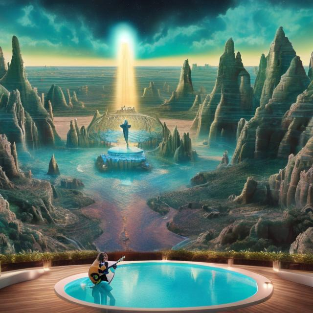 Prompt: wide view of jesus playing guitar and the twelve apostles playing guitars, at an exotic rooftop infinity pool, infinity vanishing point, cthulhu nebula background