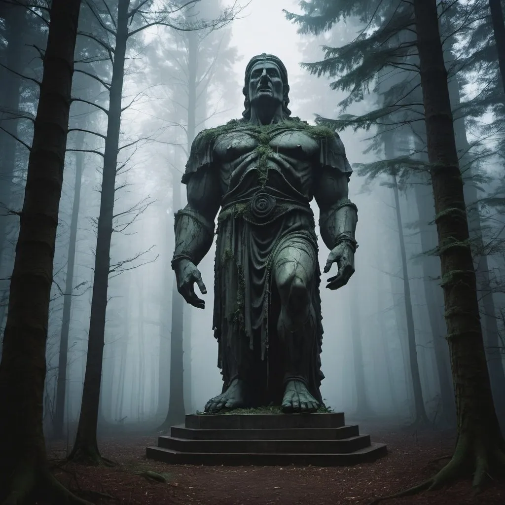 Prompt: giant eerie statue in a dark forest