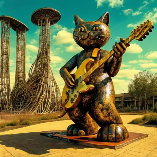 Prompt: giant rusty yellow metal statue of a giant cat playing guitar, in the style of Jacek Yerka, widescreen view, infinity vanishing point