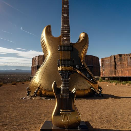 Prompt: giant rust streaked acid etched gold statue of a giant cat playing guitar, in the style of Jacek Yerka, widescreen view, infinity vanishing point