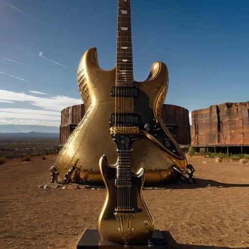 Prompt: giant rust streaked acid etched gold statue of a giant cat playing guitar, in the style of Jacek Yerka, widescreen view, infinity vanishing point