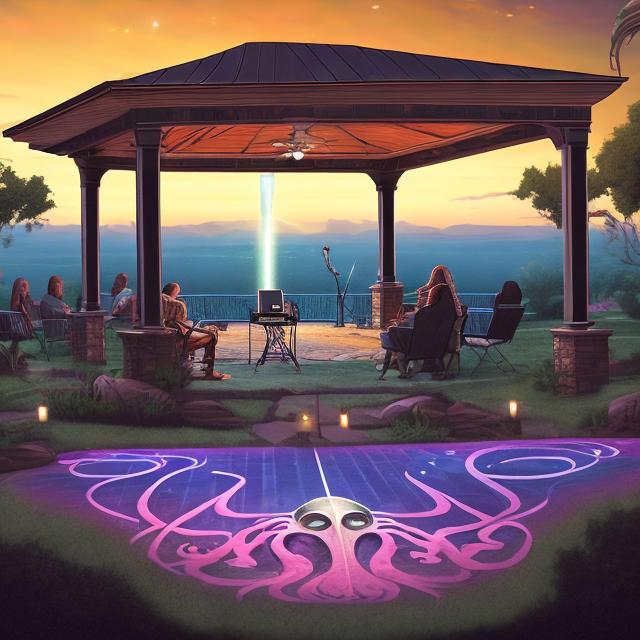 Prompt: wide view, jesus band playing guitars in front of a patio gazebo barbeque grill, infinity vanishing point, Cthulhu nebula background