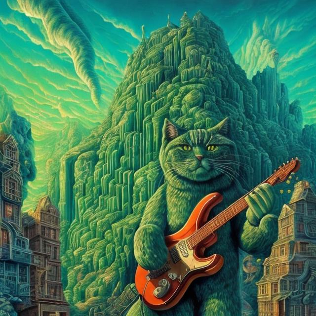 Prompt: giant emerald crystal statue of a giant cat playing guitar, in the style of Jacek Yerka, widescreen view, infinity vanishing point