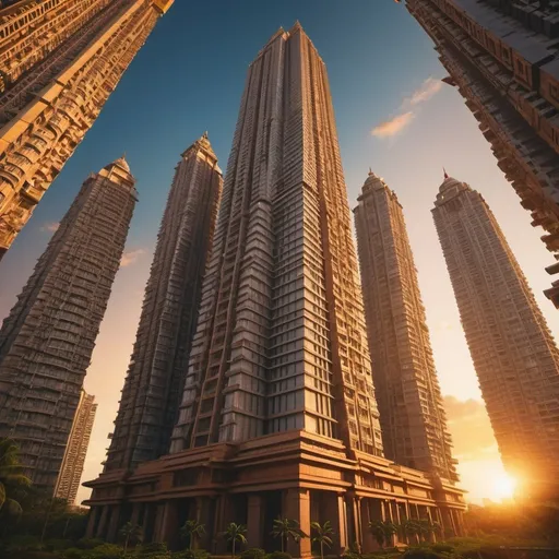 Prompt: future city of Gopuram style mega skyscrapers, overhead golden hour lighting, extra wide angle view, infinity vanishing point