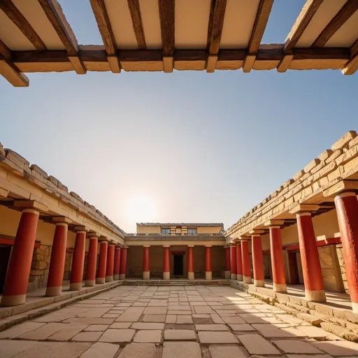 Prompt: Palace of Knossos, overhead golden hour lighting, extra wide angle field of view, infinity vanishing point