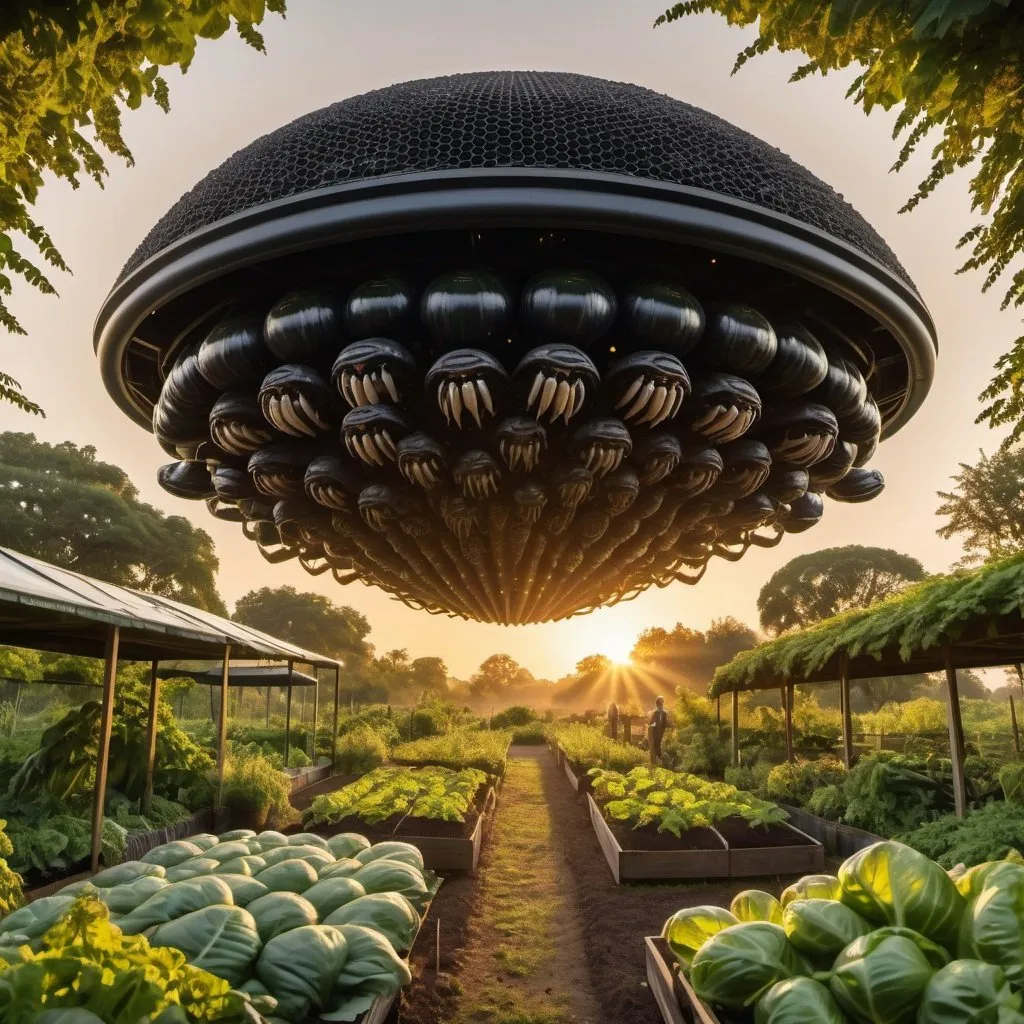 Prompt: giant xenomorph hive surrounded by lush vegetable gardens, overhead golden hour lighting, extra wide angle field of view, infinity vanishing point