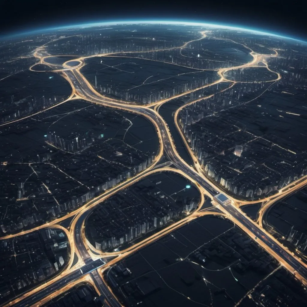 Prompt: view from orbit at night, of a superhighway network, on a giant cat