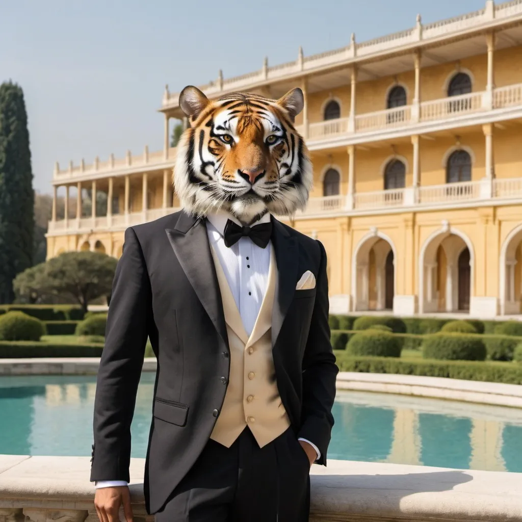 Prompt: tiger in a tuxedo, a palace in the background, wide point of view