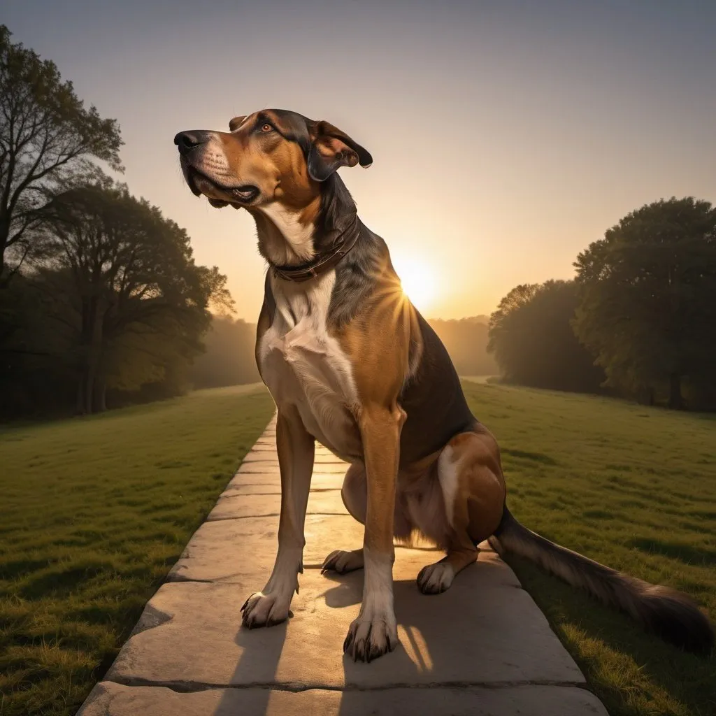 Prompt: the hound of the baskervilles, golden hour outdoor overhead lighting, extra wide angle view, infinity vanishing point