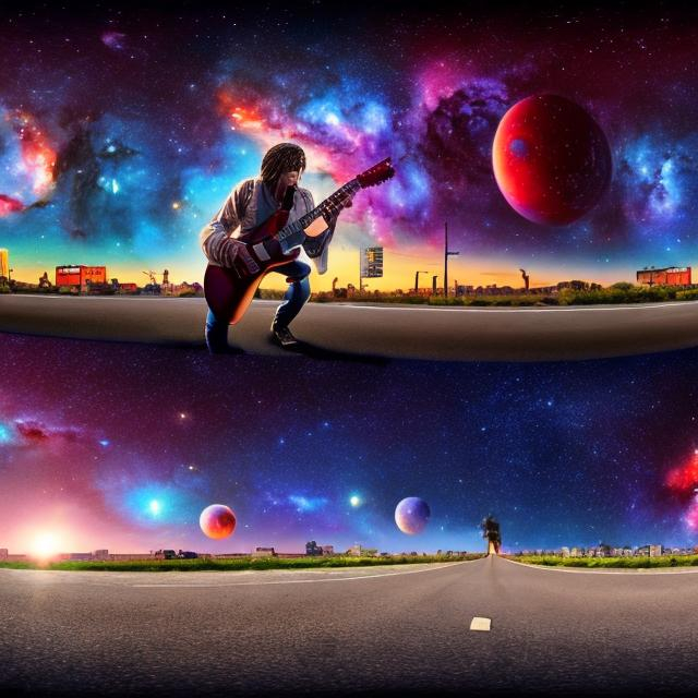 Prompt: panoramic view of a turkey playing guitar on the street corner, vanishing point perspective, galaxy and nebula background