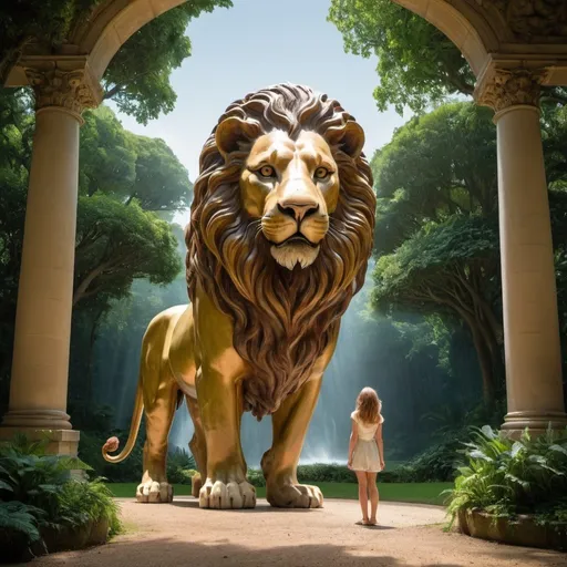 Prompt: Una and the Lion, by William Wyon, lush background, extra wide angle view, infinity vanishing point