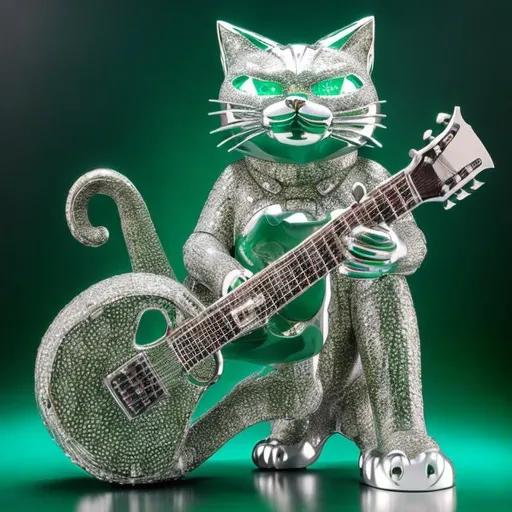 Prompt: ((((giant cat playing guitar) green chrome statue inlaid with diamonds) in the style of Ron English) wide perspective view) infinity vanishing point