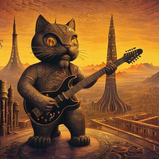 Prompt: giant engraved iron statue damascened with inlaid gold, of a giant cat playing guitar, in the style of Jacek Yerka, wide perspective view, infinity vanishing point