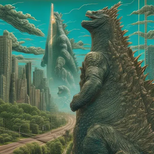 Prompt: ((((godzilla playing guitar) chrome statue inlaid with emeralds) in the style of Jacek Yerka) infinity vanishing point) wide perspective view