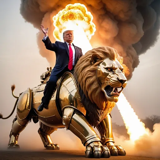 Prompt: Trump riding the biggest giant firebreathing armored war-lion in the world, overhead golden hour lighting, foggy wide angle view, infinity vanishing point