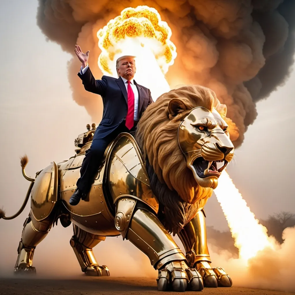 Prompt: Trump riding the biggest giant firebreathing armored war-lion in the world, overhead golden hour lighting, foggy wide angle view, infinity vanishing point