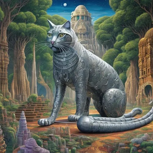 Prompt: giant silver cat playing a sitar, widescreen view, infinity vanishing point, in the style of Jacek Yerka