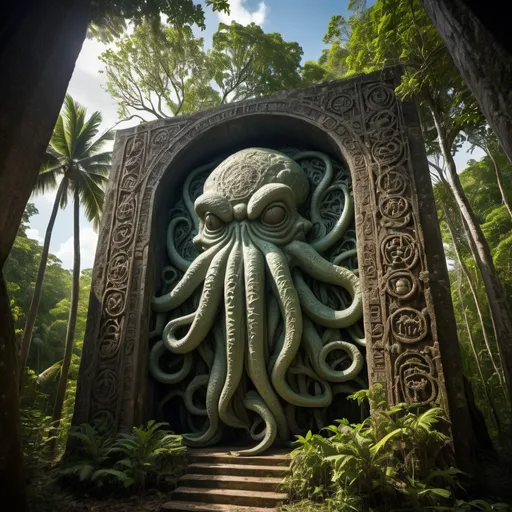 Prompt: in the Belize jungle, a giant ancient intricately detailed bas relief covered arcology of cthulhu, overhead lighting shadows, wide angle view, 25 degree offset infinity vanishing point