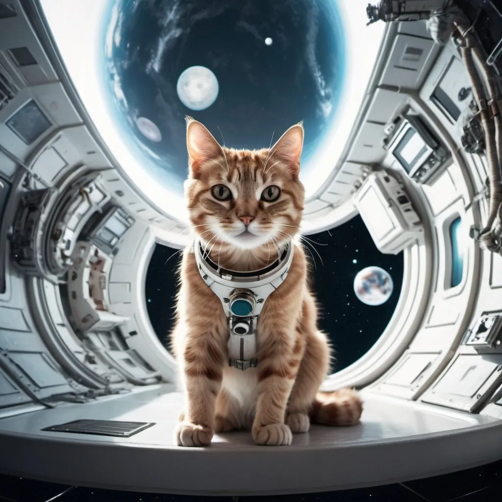 Prompt: Cat Astronaut floating outside a surreal space station, an evil planet in the background, 25 degree offset, wide angle perspective, infinity vanishing point