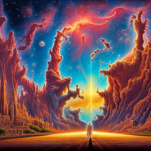 Prompt: wide view, jesus playing guitar on the street corner, in front of a bbq, infinity vanishing point, pillars of creation nebula background