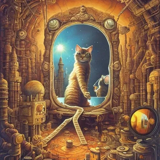 Prompt: giant mirror cat playing a sitar, widescreen view, infinity vanishing point, in the style of Jacek Yerka