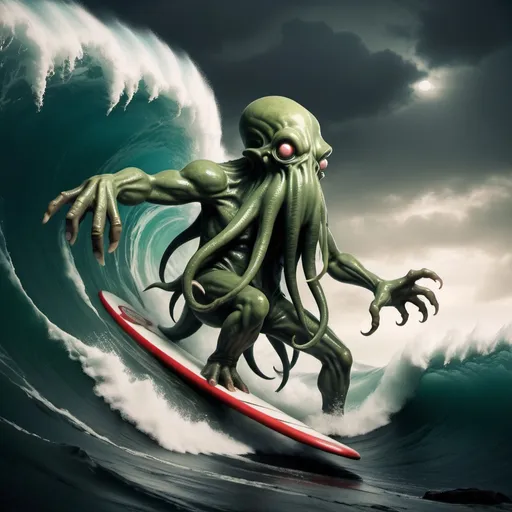 Prompt: cthulu surfing the crest of a tsunami wave, overhead lighting, wide angle view, infinity vanishing point