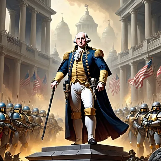 Prompt: george washington is the warhammer emperor, year 40000 AD, wide palace background with space marines