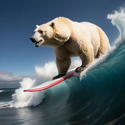 Prompt: polar bear surfing the crest of a tsunami wave, overhead lighting, wide angle view, infinity vanishing point