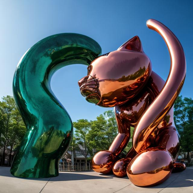 Prompt: ((((giant cat playing guitar) copper statue inlaid with emeralds) in the style of Jeff Koons) wide perspective view) infinity vanishing point