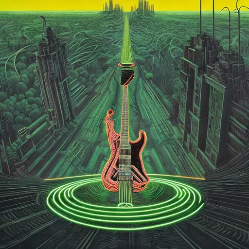 Prompt: giant iron statue inlaid with neon green, of a giant cat playing guitar, in the style of Jacek Yerka, wide perspective view, infinity vanishing point