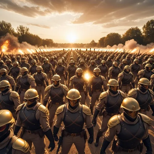 Prompt: Lawful Good army fighting the enemy Chaotic Evil army, overhead golden hour lighting, extra wide angle field of view, infinity vanishing point