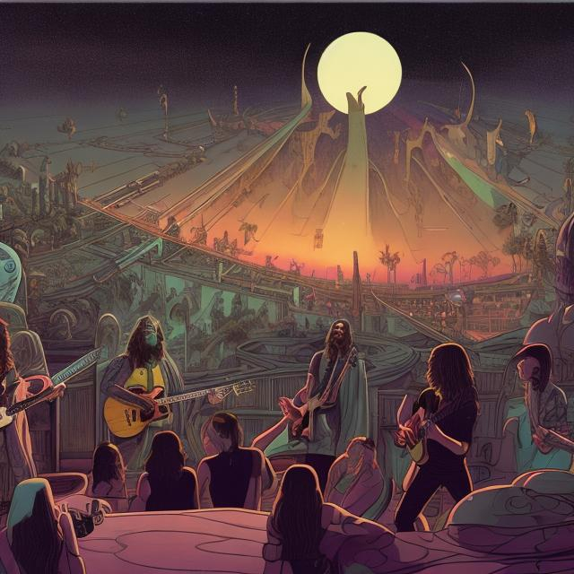 Prompt: wide view of jesus band playing guitars, at an exotic rooftop infinity pool, infinity vanishing point, dancing cthulhus background