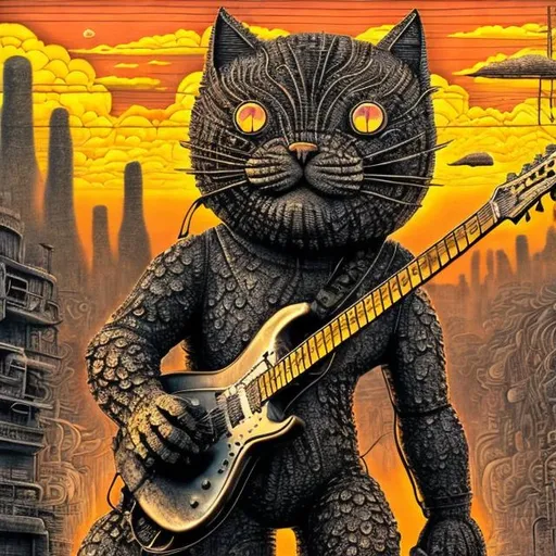 Prompt: giant acid etched iron statue of a giant cat playing guitar, in the style of Jacek Yerka, widescreen view, infinity vanishing point
