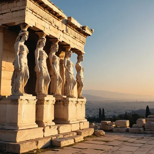 Prompt: The Caryatid porch of the Erechtheion, overhead golden hour lighting, extra wide angle field of view, infinity vanishing point